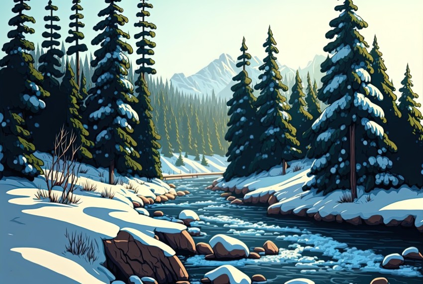 Snow Covered Forest River Illustration - Detailed and Vibrant Artwork