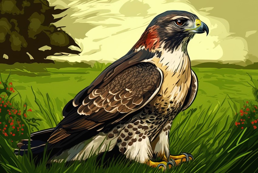 Realistic Pop Art Hawk Illustration in San Francisco Renaissance Style