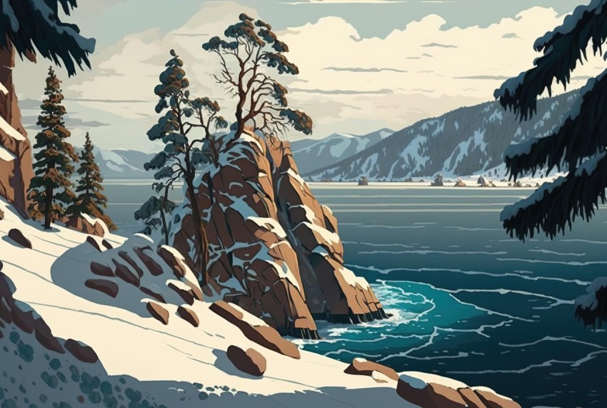 Snowy Lake and Cliffs - Mid-Century Illustration Style