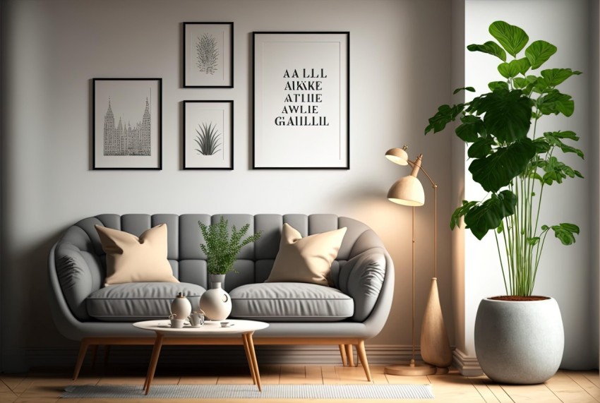 Relaxing Room Interior Design with Grey Couch and Plant | Danish Golden Age Style