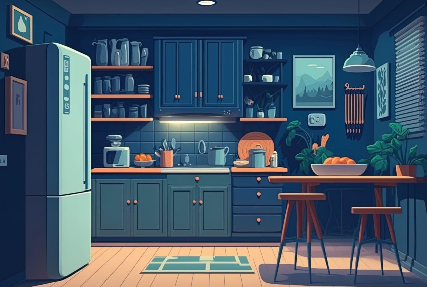 Dark Cyan and Navy Anime-Style Kitchen Illustration