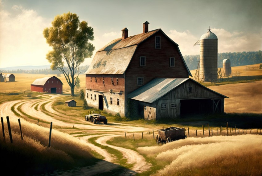 Realistic Barn Painting with Classic American Cars | Digital Art