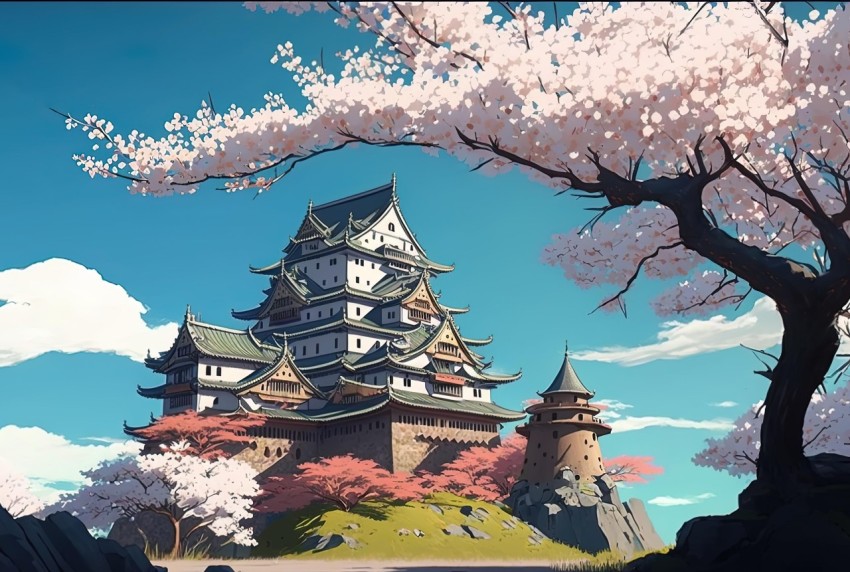 Japanese Castle Surrounded by Cherry Blossoms - Realist Landscapes