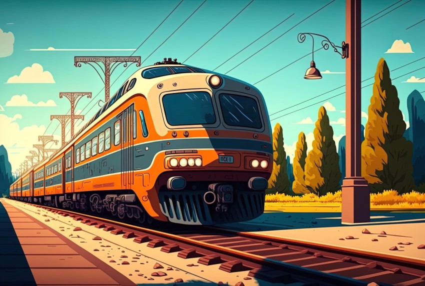Orange Train in Mountains: Cartoon Realism, Sovietwave, Detailed Art Nouveau