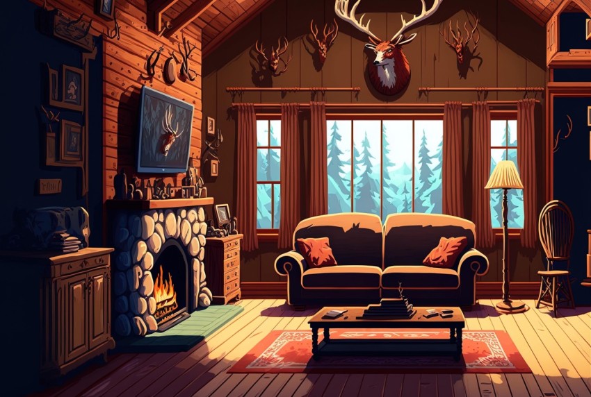 Detailed Living Room with Fireplace and Deer Head | Cabincore and Cartoon Realism