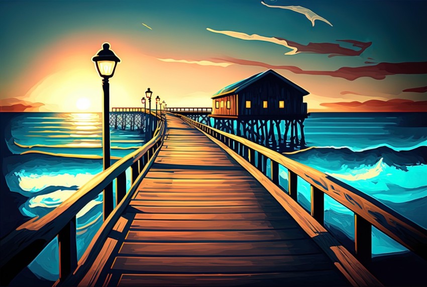 Colorful Cartoon Style Painting of Pier and Ocean at Sunset