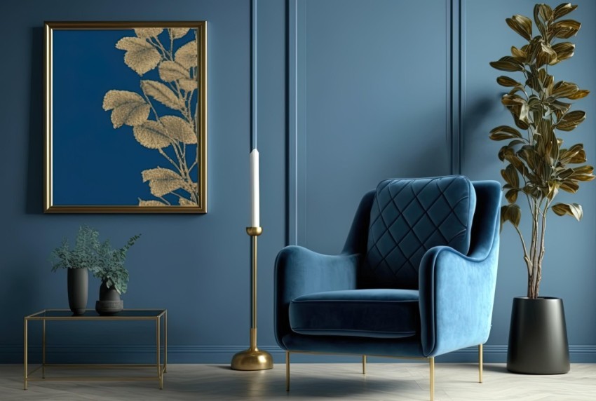 Sophisticated Decor: Blue Chair and Gold Vase in Nature-Inspired Interior