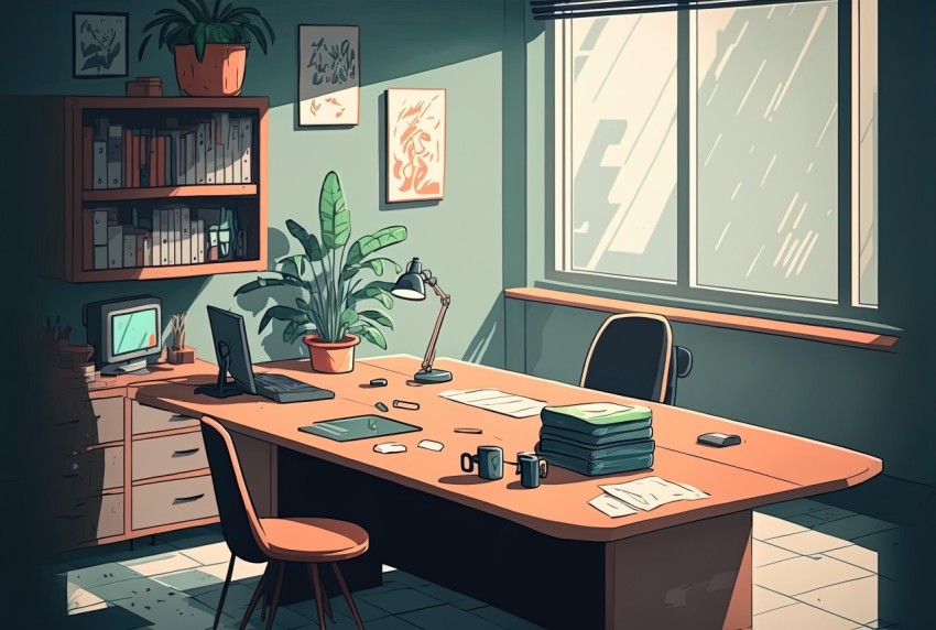 Graphic Novel Inspired Office Illustration with Soft Gradients