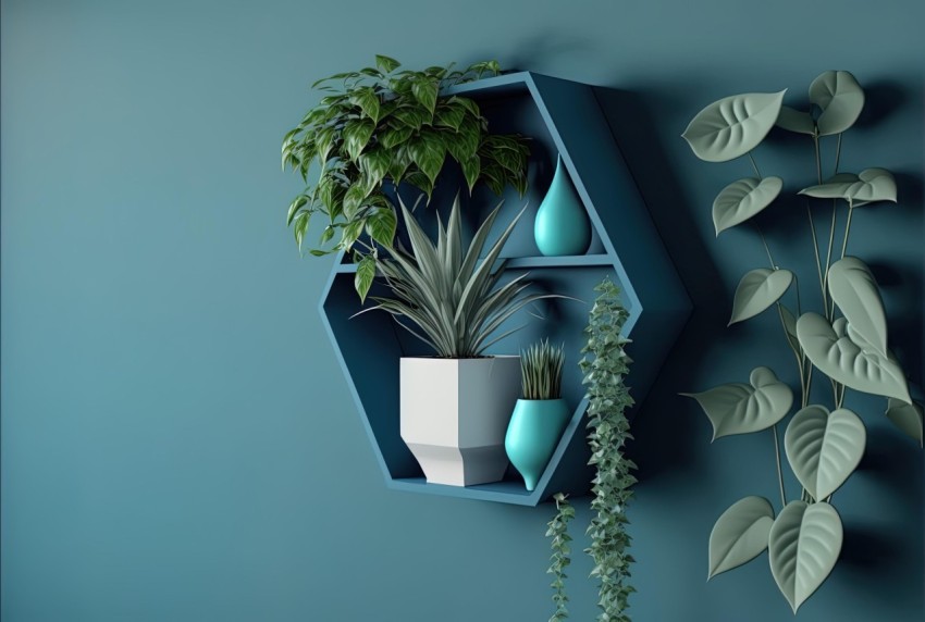 Geometric Composition: Green Planter Wall on Blue Wall with Pots