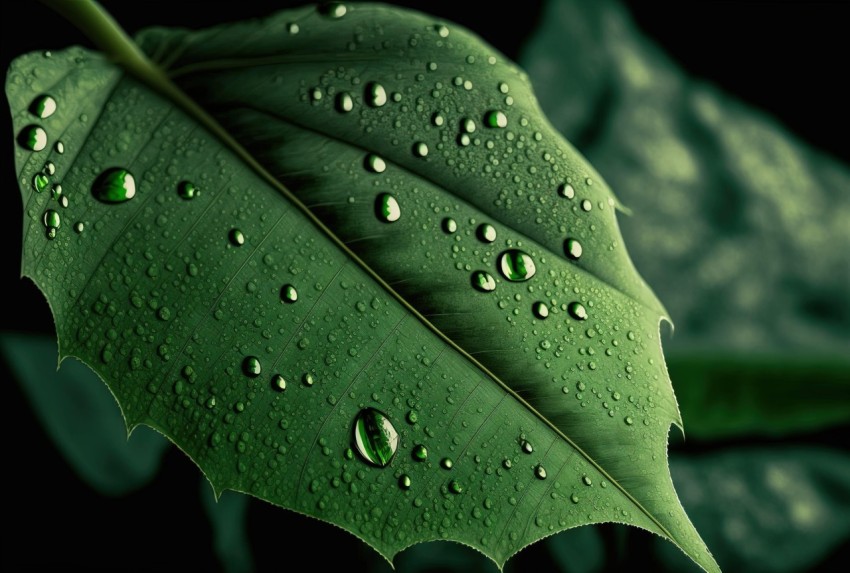 Realistic Leaf with Water Droplets on Black Background