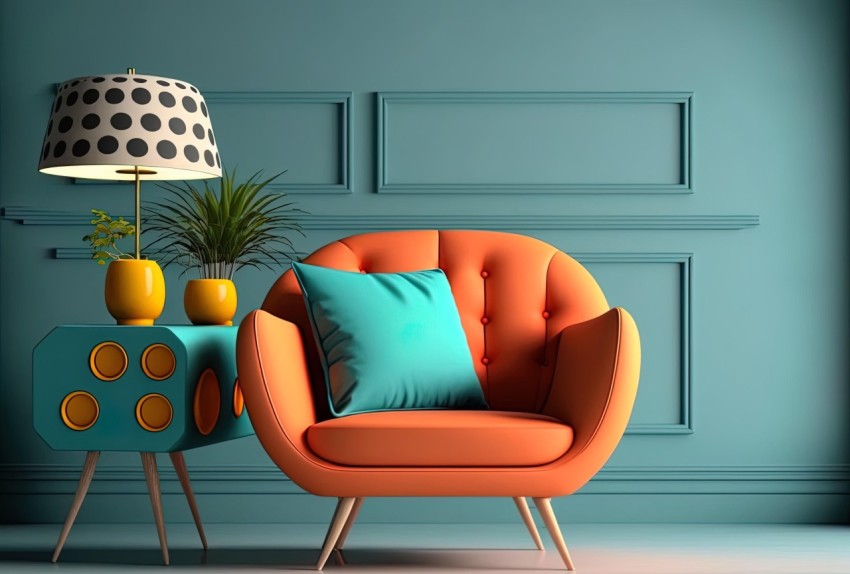 Dark Turquoise and Orange Chair in Retro Pop Style - Decorative Indoor Still Life