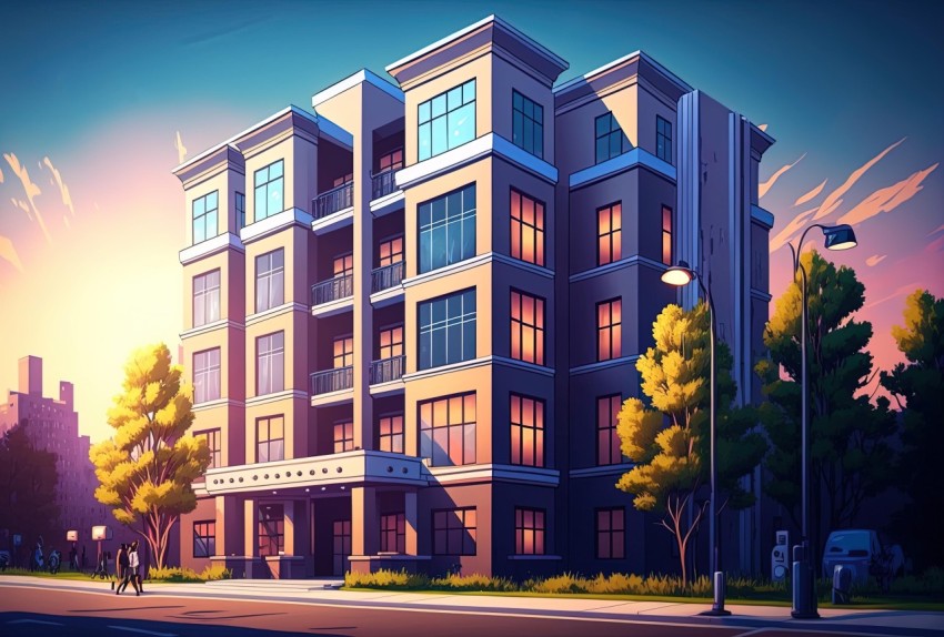 Romantic Cartoon Realism: Vibrant Apartment Building in the City