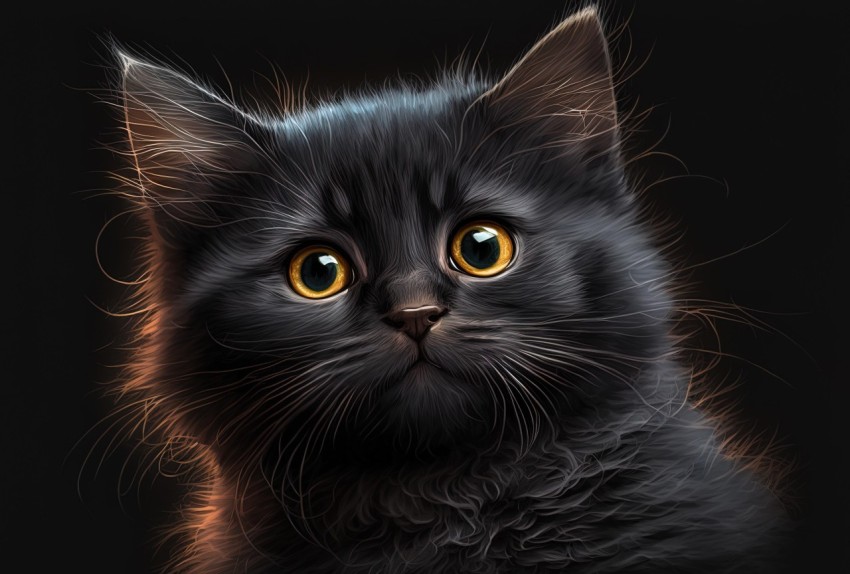 Realistic Black Kitten Illustration: Detailed Character Portrait