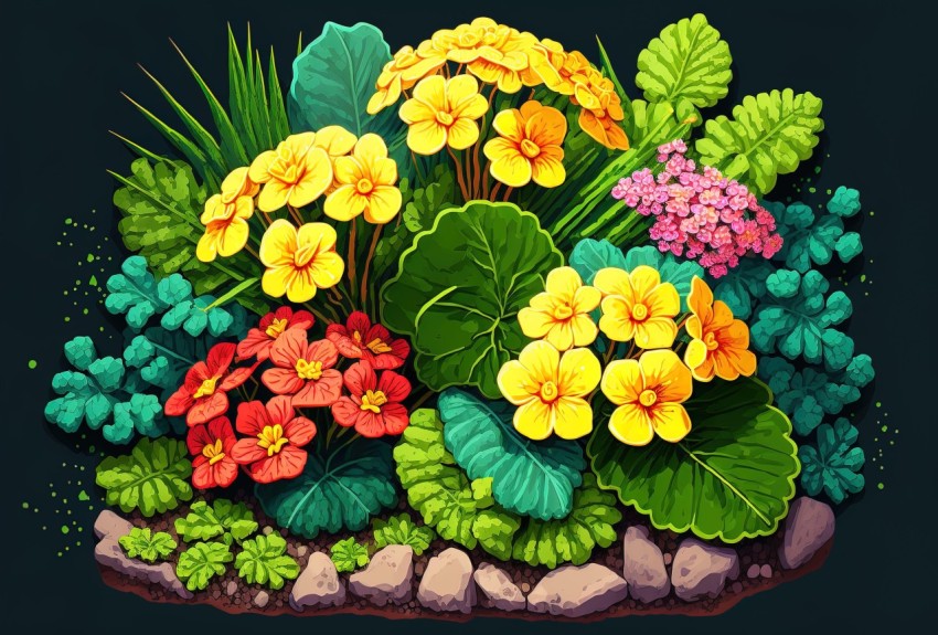 Colorful Flower Bed in 2D Game Art Style