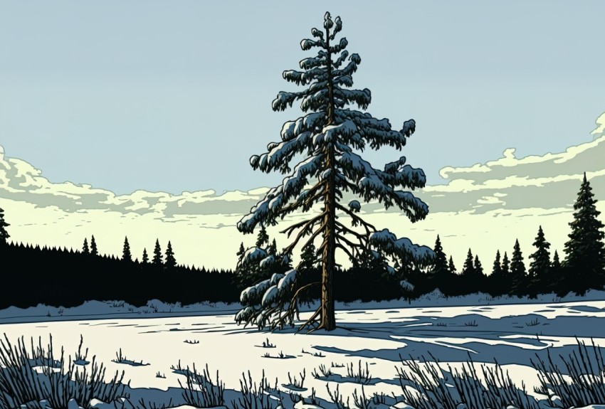 Winter Scene with Lone Pine Tree - Detailed Comic Book Art