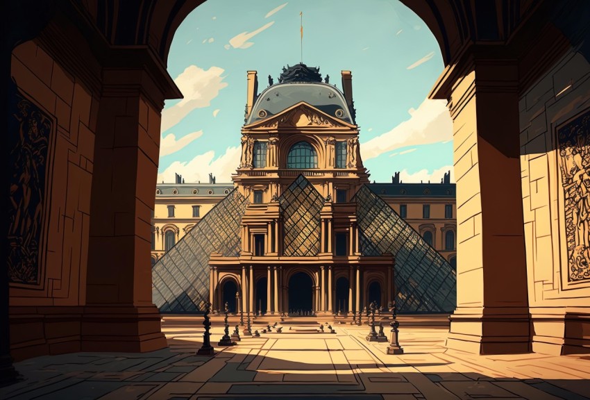 Louvre Illustration with Rich Tonal Palette and Cartoony Characters