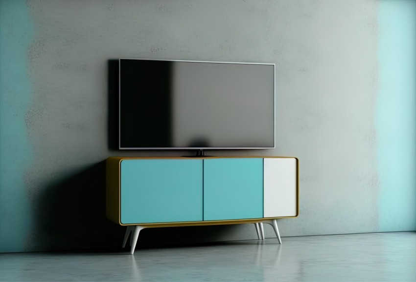 Modern TV Stand with Blue Cabinet | Colorized Indoor Still Life