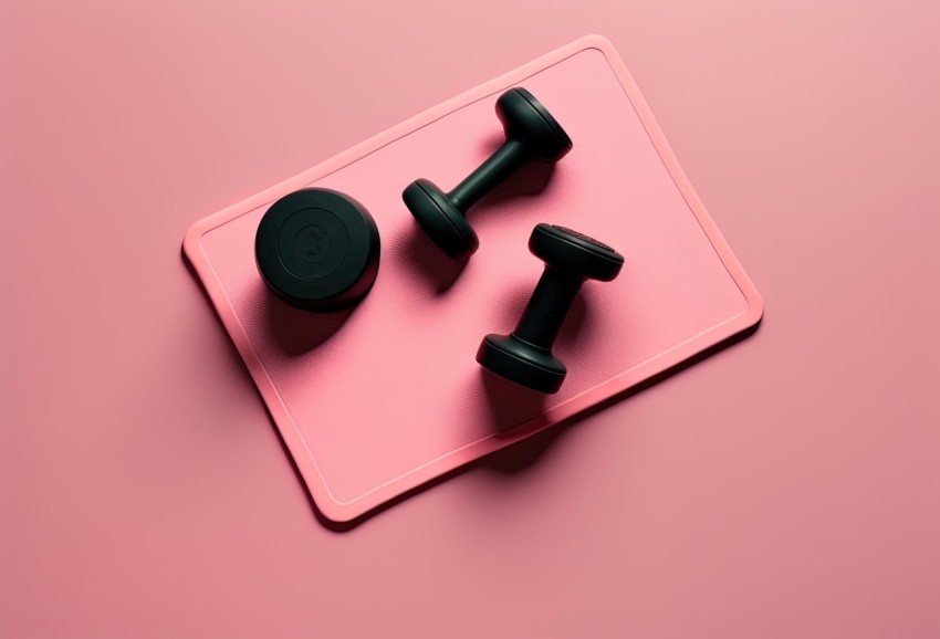 Weighted Dumbbells and Exercise Mat on Pink Background - Minimal Sculpture