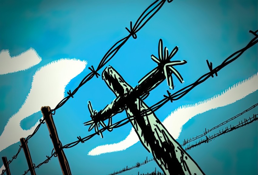 Whimsical Barbed Wire Fence in the Sky - Pop Art Cartoonish Image