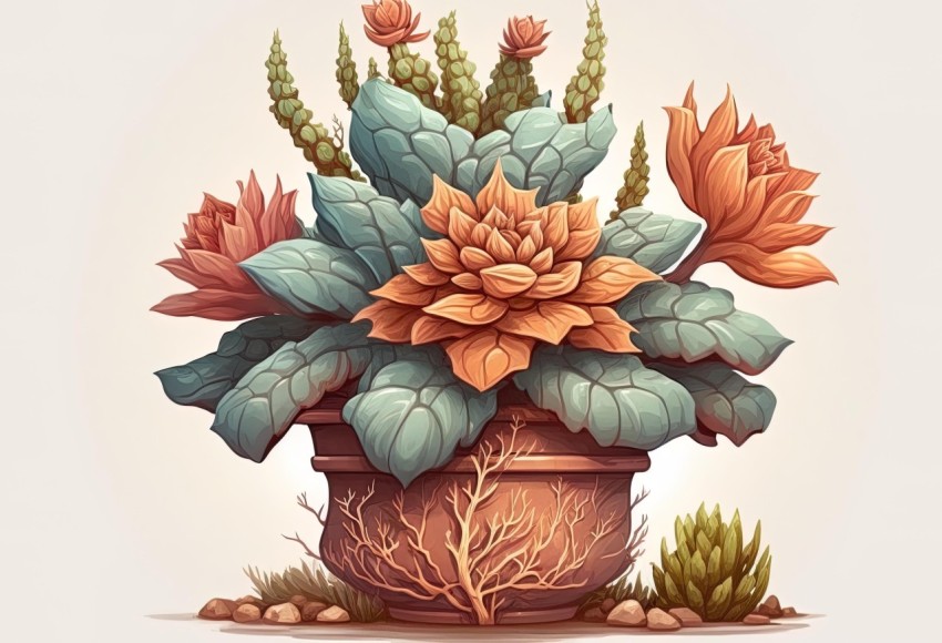 Hand Colored Plants with Cactuses - Realism and Fantasy Illustration