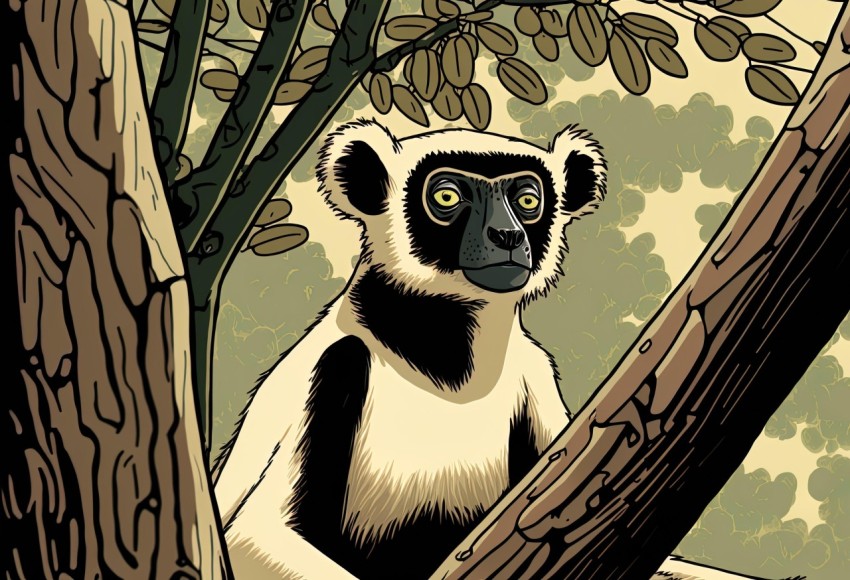 Black and White Lemur Sitting in a Tree - Editorial Illustrations