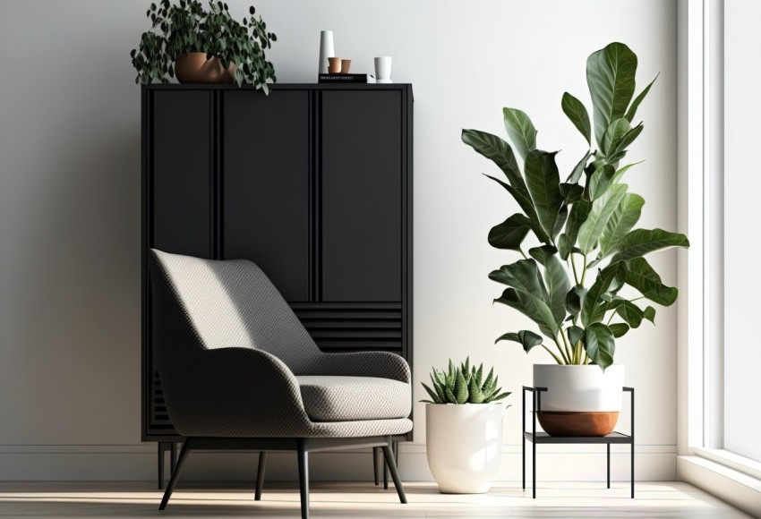 Minimalist Decor: White Plant and Chair in Dark Gray and Dark Bronze