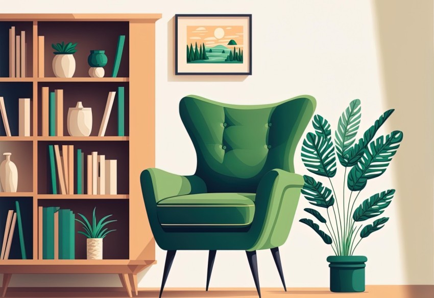 Green Sofa Chair and Plants Stand Illustration | Mid-Century Style