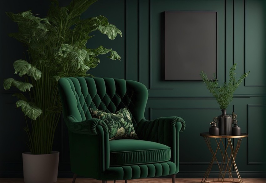 Green Furniture Background with Dark Wall Interior and Plant - Neoclassical Clarity
