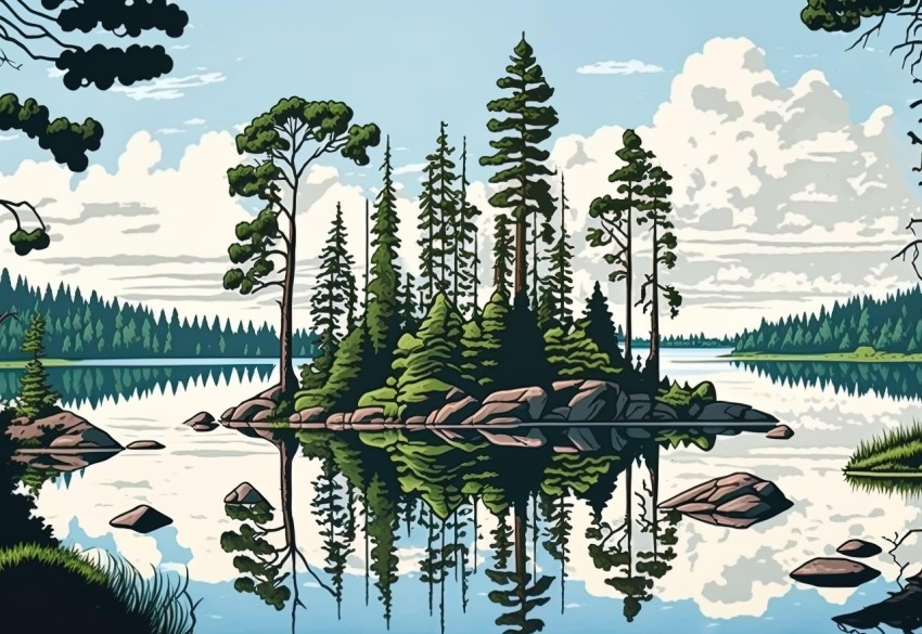 Bold Graphic Illustrations of Trees and Rocks in a Lake