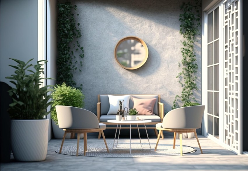 Cozy Outdoor Patio with Stylish Furniture and Plants | Mirrored Danish Design