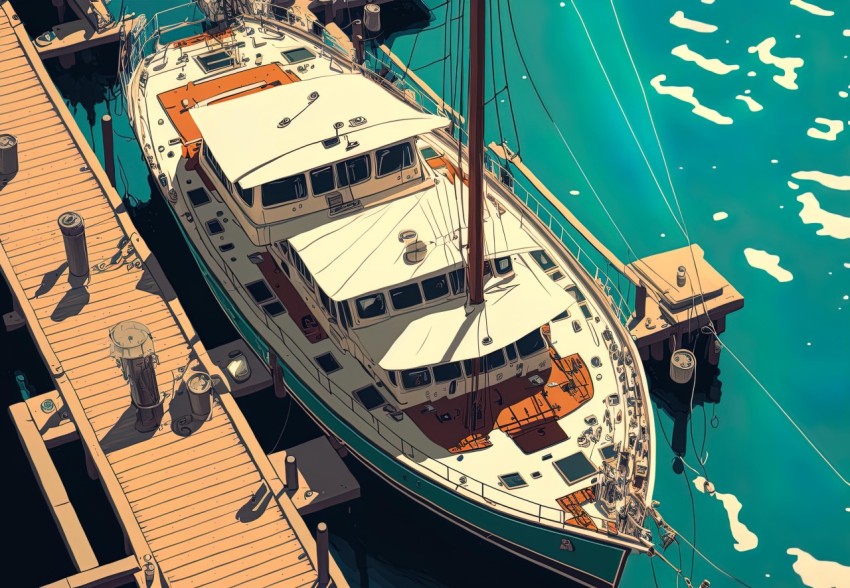 Detailed Illustration of a Large Yacht Docked at a Vintage-Inspired Dock