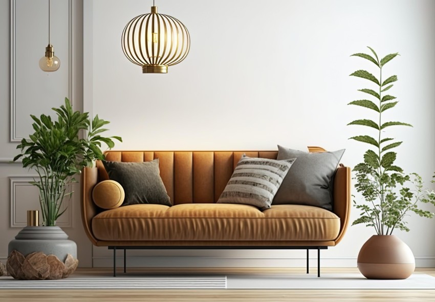 Yellow Couch Near Wall | Detailed 3D Rendering | Midcentury Modern Design