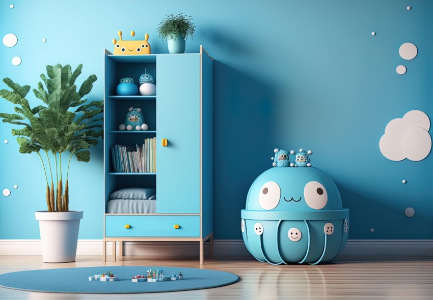 Blue Room with White Toys and Bookshelf | Futuristic Robots, Cute Cartoonish Designs