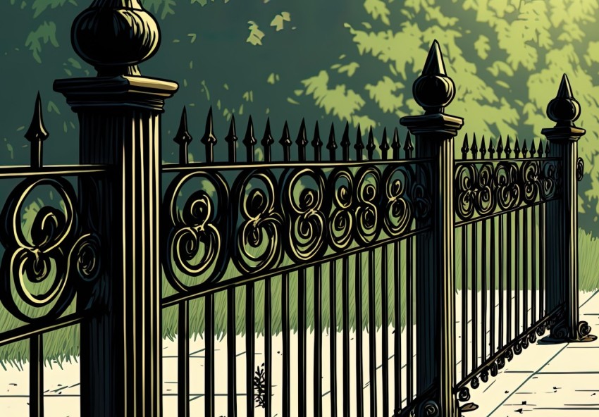 Detailed Graphic Novel Style Iron Fence