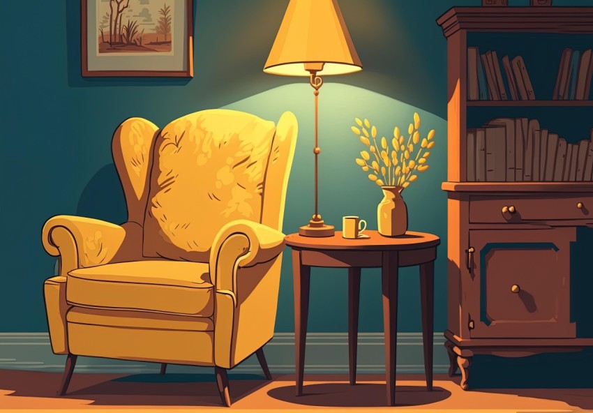 Yellow Armchair in Living Room with Lamp and Bookcase - Cartoon Compositions