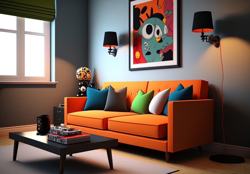 Colorful Living Room with Orange Couch - Cartoonish Character Design