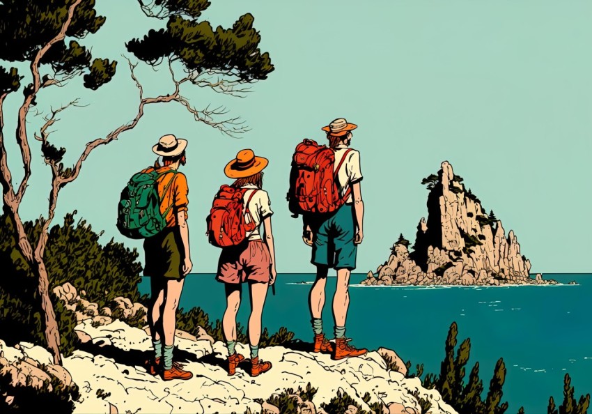 Vintage Comic Style Illustration of Backpackers Overlooking Ocean