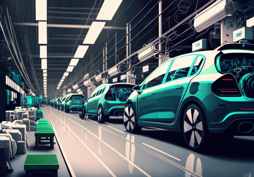 Car Assembly Line: Dark Green and Light Cyan Realistic Rendering