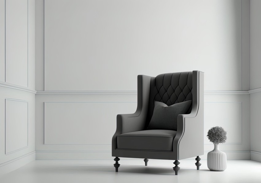 Modern Wingback Chair in White Room with Vase | 3D Render