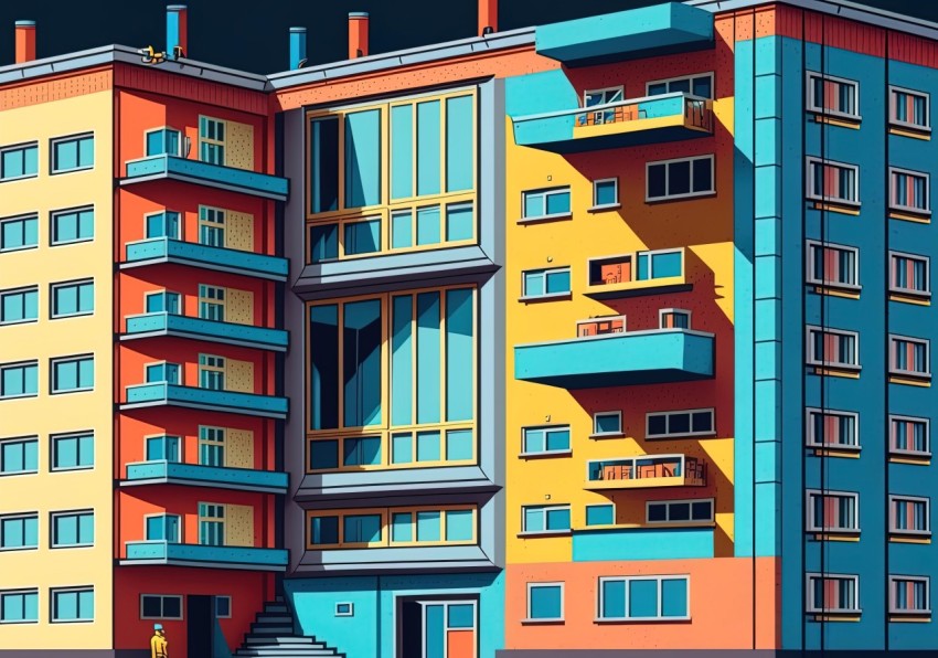 Colorful Apartment Complex Illustration with Retro Visuals