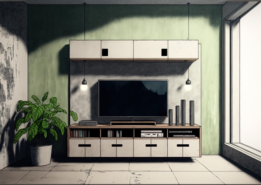 Expressive Manga Style Living Area with TV and Plant