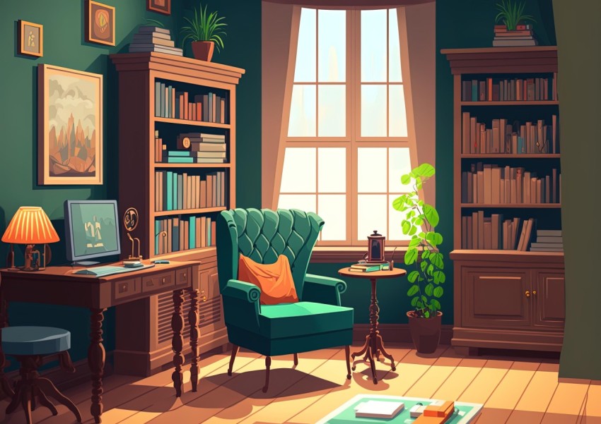 Charming Illustrations of an Empty Room with Chair, Window, and Bookshelf