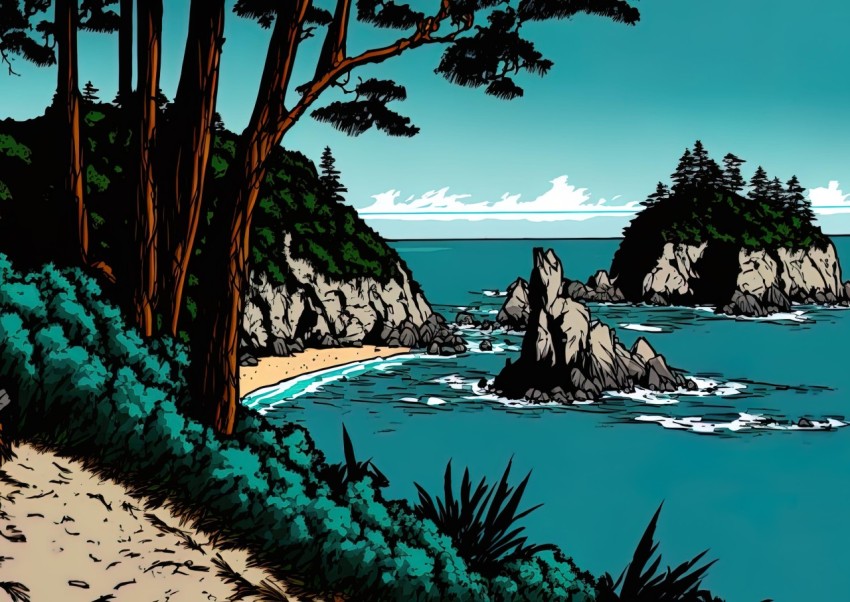 Stunning Pop Art Landscape Illustration with Forest and Ocean