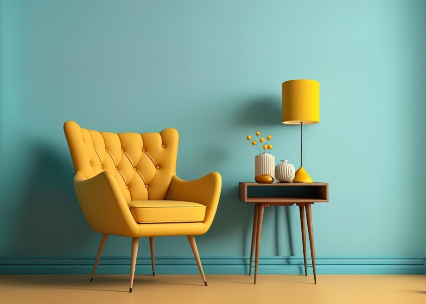 Yellow Chair in Front of Blue Wall | Photorealistic Rendering | Mid-century Design