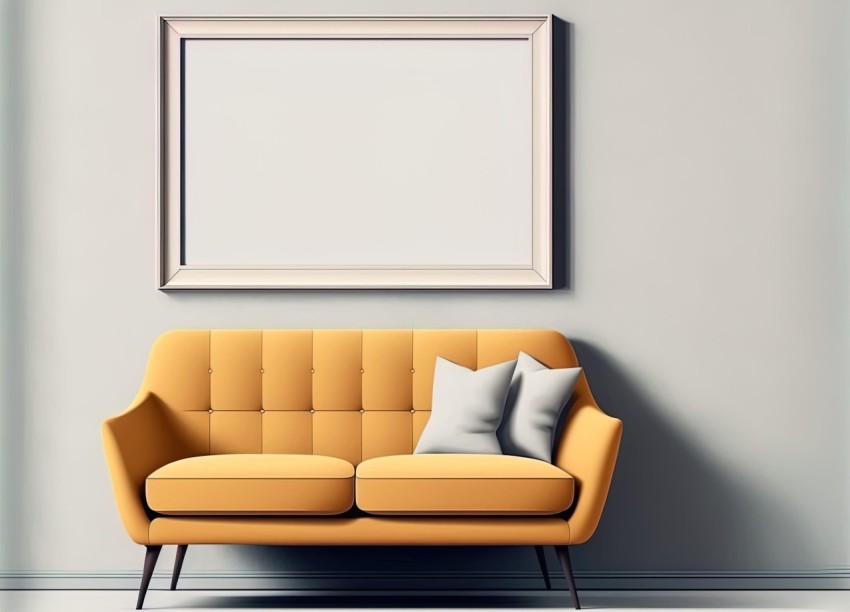 Vintage Style Yellow Sofa with Framed Mockup - 3D Render