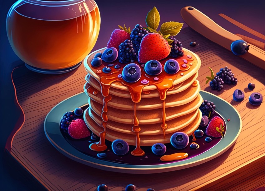 Delicious Pancakes with Berries on a Plate - 2D Game Art Style