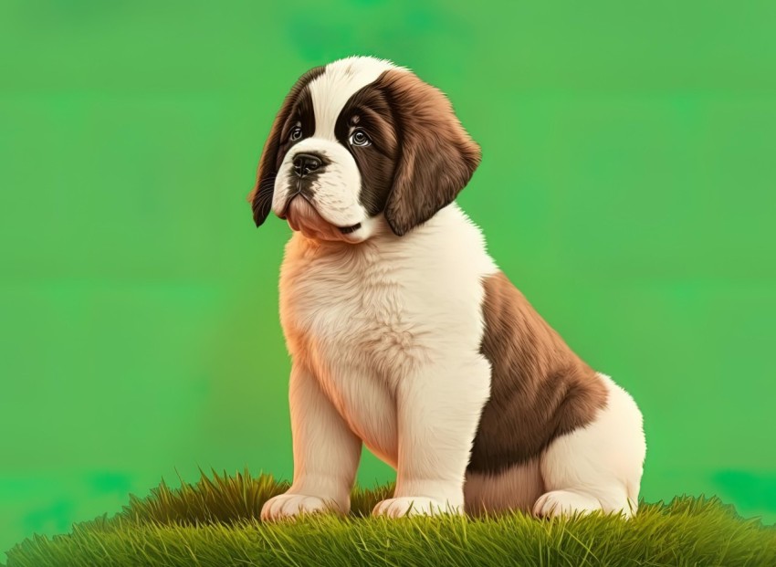 Brown and White Puppy on Green Background - Realistic Rendering