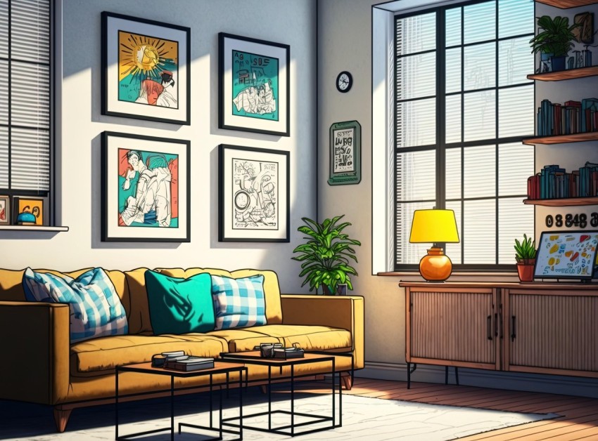 Charming Comic Art Living Room with Cozy Couch and Lamp