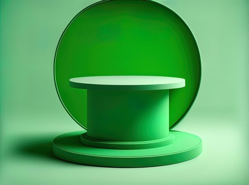 Green Table Sculpture on Vibrant Stage Backdrop