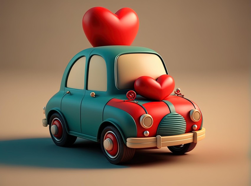 Romantic 3D Render of an Old Car with Red Hearts